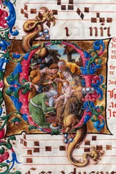 Knihovna Piccolomini: sborová kniha, treska. 19,4, násl. 9v s „Klanění tří králů“, od Liberale da Verona (asi 1445 - 1527/9). Detail.