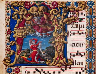 Knihovna Piccolomini: sborová kniha, treska. 1.A, ff.4v s „Vision of Isaiah“, Liberale da Verona (asi 1445 - 1527/9). Detail.