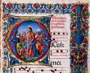 Knihovna Piccolomini: sborová kniha, treska. 21.6, násl. 2r s „Vyhnání nečistého ducha“, od Liberale da Verona (asi 1445 - 1527/9). Detail.