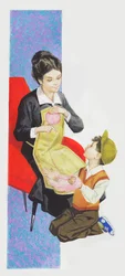Chlapec pomáhá své matce, aby se klubko vlny, kreslení
