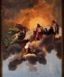 Kristus a andělé, freska na stropě vstupu do ložnice Royal Apartment, Ducal Palace, Lucca, Toskánsko, Itálie