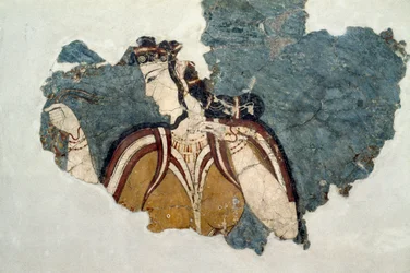 Fragment fresky zobrazující ženskou postavu z Mykén, Řecka, mykénské civilizace