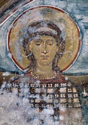 Freska se svatým v byzantském kostele Agios Georgios, Vathi, Kréta, Řecko (foto)