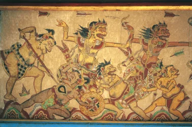 Fresky zobrazující scény bitev mezi bohy a démony, pavilon Kertha Gosa, palác Klungkung (Puri Agung Semarapura), Semarapura, Bali, Indonésie