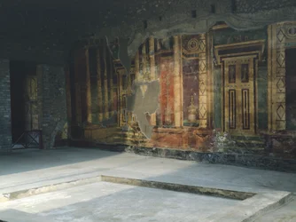 Itálie, Kampánie, Oplonti, archeologická oblast Torre Annunziata, římská vila Poppaea, fresky s architektonickými motivy ve druhém pompejském stylu