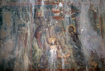 Ježíš a mytí nohou, freska v byzantském kostele Agios Athanasios, Kefali, Kréta, Řecko (foto)