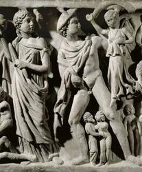 Mramorový sarkofág, Reliéf zobrazující Prométheův mýtus, Detail, Hermes a jeden z Parcae nebo Osudů, z Arles