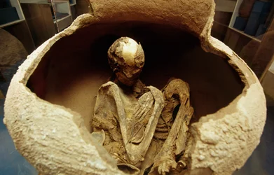 Mumie v keramické urně. Civilizace Atacama, paleolit.