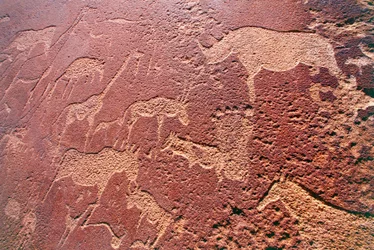 Namibie, Damaraland Wilderness Area, Twyfelfontein, Brandberg Mountains, kamenné rytiny