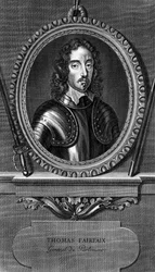 Portrét Thomase Fairfaxe, 3. lorda Fairfaxe z Cameronu (1612-1671), anglického generála a vrchního velitele parlamentu během anglické občanské války, rytina