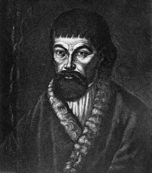 Portrét Jemeljana Ivanoviče Pugachova (asi 1742-1775), vůdce velkého kozáckého a rolnického povstání v Rusku v letech 1773-1774, rytina po olejomalbě