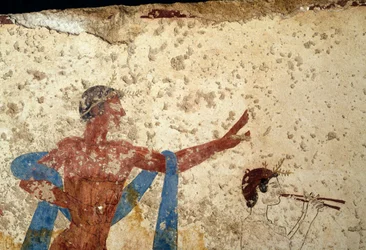 Průvod s atletem, detail, freska z Tomb of Diver, Paestum, Kampánie, Itálie, starověká řecká civilizace, Magna Graecia, 3. století př. n. l. (foto)