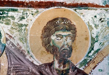 Svatý, detail z fresky v kostele Agios Georgios, Mourne, Kréta, Řecko (foto)