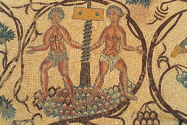 Šroubovák na víno, detail podlahové mozaiky s výjevy každodenního života, kostel svatých Lota a Prokopa, Nebo, Khirbet al-Mukhayyat, Jordánsko, byzantská civilizace, 6. století našeho letopočtu