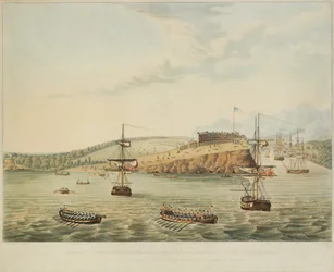 Útok na Fort Oswego, jezero Ontario, Severní Amerika. 6. května 1814, poledne a útočící pevnost Oswego druhým praporem Royal Marines a skupinou námořníků, 15 m za dvanáctou v poledne, vyryto R. Havellem, 1815