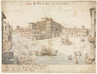 Osmnáct pohledů na Řím: Náměstí Piazza Barberini recto..., 1665.