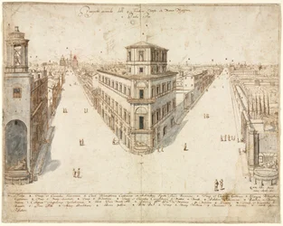 Osmnáct pohledů na Řím: Quattro Fontane s výhledem na Santa Maria Maggiore, 1665.