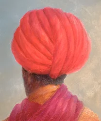 Žlutá bunda s červeným turbanem