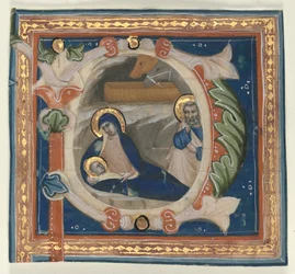 Historická iniciála P vyňatá z graduálu: Narození Páně, c. 1350-1375.