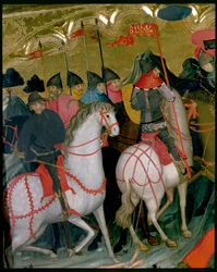 Jízdní vojáci, detail z oltářního obrazu Panny Marie a sv. Jiří, kolem 1390-1400 (tempera na panelu)