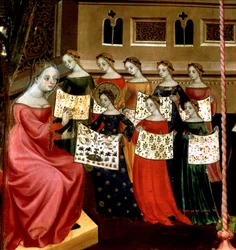 Panna Maria se svými spolužáky ukazuje vzorníky vyšívání svému učiteli, detail z oltářního obrazu Panny Marie a sv. Jiří, kolem 1390-1400 (tempera na panelu)