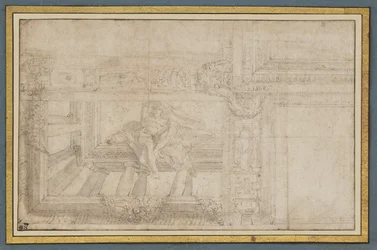 Ignudo, po nástropní fresce v Sala di Ulisse, Palazzo Poggi, Bologna