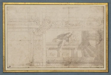 Ignudo, po nástropní fresce v Sala di Ulisse, Palazzo Poggi, Bologna