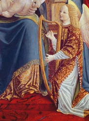 Madonna a dítě s andělskými hudebníky, detail andělského hudebníka hrajícího na harfu, cca 1490-1500 (tempera na panelu)