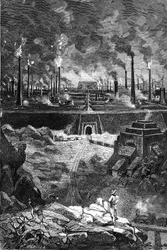 Kresba Leona Benetta z knihy Julese Verna "500 milionů Begum" - edice Hetzel/Extraordinary Voyages 1879. Pohled na "Ocelové město", gigantický soubor továren (vysoké pece - slévárny oceli).