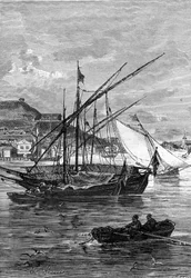 Ilustrace k románu Julese Verna „Keraban tvrdohlavý“, Hetzelova sbírka/Mimořádné cesty, 1883. Kresba Léona Benetta: přístav Kerč (Krym), v Kerčském průlivu, mezi Černým a Azovským mořem.