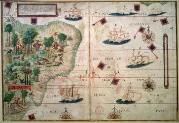 Hydrografická mapa Brazílie - Rukopis osvětlený ""Portugalský námořní atlas"" od kartografa Loppa Homema 1519 Paříž. B.N. - Hydrografická mapa Brazílie - Z iluminovaného rukopisu “”Anglický námořní atlas”” od Loppa Homema (16. století)