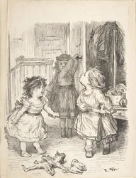 Tři malé holčičky v pokoji se hádají a plivají, 1835-1903.