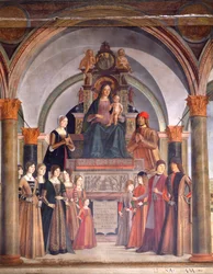 Madonna a dítě s anděly, Lorenzo Costa (cca 1537-1583), kaple Bentivoglio v kostele San Giacomo Maggiore, Bologna, Itálie