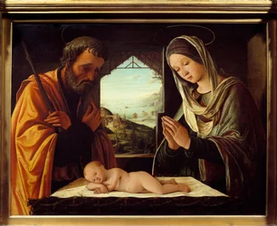 Nativite dřevomalba od Lorenza Costy (1460-1535) 1490 Rozm. 0,65x0,85 m Lyon, Musee des Beaux Arts