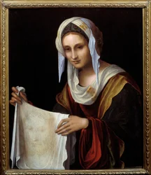 Svatá Veronika. Svatý závoj zobrazuje Kristovu tvář, jehož pot Veronika údajně setřela při výstupu na Kalvárii. Obraz Lorenza Costy (1460-1535). Rozměry: 0,64 x 0,54 m.