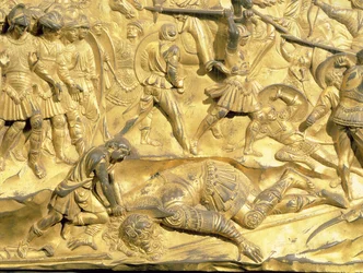 David a Goliáš, detail z původního panelu z východních dveří baptisteria, 1425-52 (pozlacený bronz) (po restaurování)