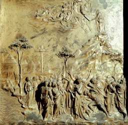 Mojžíš obdrží tabulky zákona Původní panel Brány ráje (Východní brána Baptistera), po restaurování. Zlatý bronz od Lorenza Ghibertiho (1378-1455)
