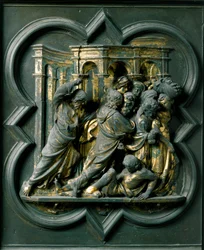 Severní brána (na severu zvaná Křížová brána), detail exteriéru: „Ježíš honí obchodníky z chrámu“““ Bronzová socha od Lorenza Ghibertiho (1378-1455)