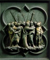 Severní brána (na severu nazývaná Brána kříže), detail exteriéru: „Jidášův polibek“. Bronzová plastika od Lorenza Ghibertiho (1378-1455)