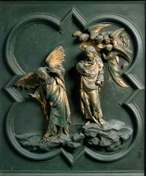 Severní brána (na severu zvaná Křížová brána), vnější detail: „“pokušení Krista““ Bronzová socha od Lorenza Ghibertiho (1378-1455)
