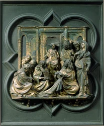 Severní brána (nazývaná Brána kříže, na sever), detail exteriéru: Ježíš mezi lékaři. Bronzová socha od Lorenza Ghibertiho (1378-1455)