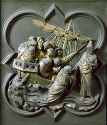 Severní brána (nazývaná Brána kříže, na sever), vnější detail: Kristus kráčející po vodě. Bronzová socha od Lorenza Ghibertiho (1378-1455)