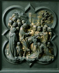 Severní brána (na severu nazývaná Křížová brána), detail exteriéru: „“vchod do Jeruzaléma““ Bronzová socha od Lorenza Ghibertiho (1378-1455)