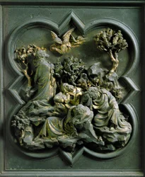 Severní brána (na severu nazývaná Křížová brána), vnější detail: „Modlitba Kristova v Olivové zahradě““ Bronzová socha od Lorenza Ghibertiho (1378-1455)