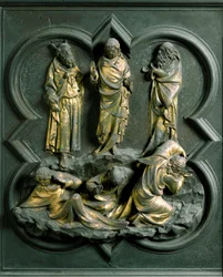 Severní brána (na severu nazývaná Křížová brána), detail exteriéru: „“Proměnění““ Bronzová socha od Lorenza Ghibertiho (1378-1455)