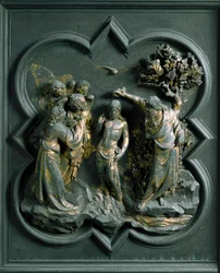 Severní brána (na severu nazývaná Křížová brána), detail exteriéru: „Křest Krista““ Bronzová socha od Lorenza Ghibertiho (1378-1455)