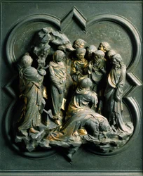 Severní brána (na severu nazývaná Křížová brána), detail exteriéru: „“vzkříšení Lazara“““ Bronzová socha od Lorenza Ghibertiho (1378-1455)