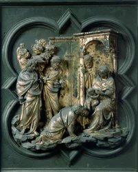 Severní brána (nazývaná Křížová brána, na sever), detail exteriéru: Klanění tří králů. Bronzová socha od Lorenza Ghibertiho (1378-1455)