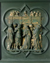 North Porte (na severu nazývaná Porte de la Croix), detail exteriéru: „“ Pentecote ““ Bronzová socha od Lorenza Ghibertiho (1378-1455)