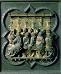 North Porte (na severu nazývaná Porte de la Croix), detail exteriéru: „“la Cene““ Bronzová socha od Lorenza Ghibertiho (1378-1455)